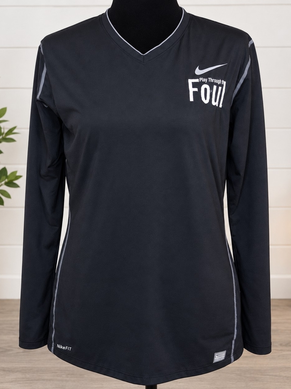 Nike Black Long-Sleeve V-Neck Performance Tee with White Logo